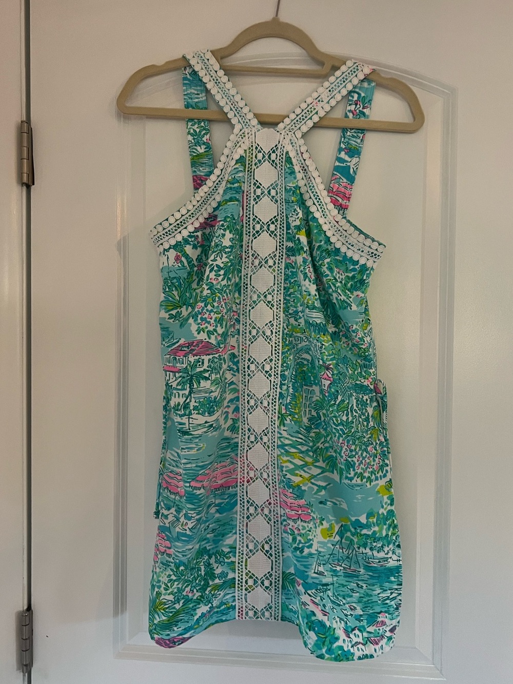 Lilly Pulitzer Halter Dress with Shorts Underneath Lace Trim - Teal & Pink
